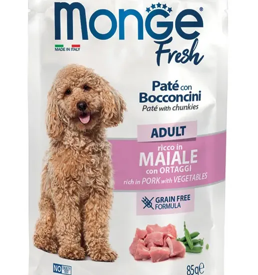 Monge Fresh pašteta sa komadićima svinjetine i povrća za odrasle pse 85gr (grain free)